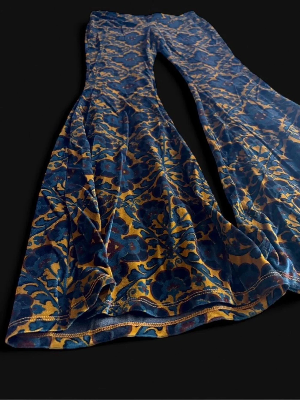 Free People Blue and Gold Floral Velvet Bell Bottom Pants - Picture 2 of 6